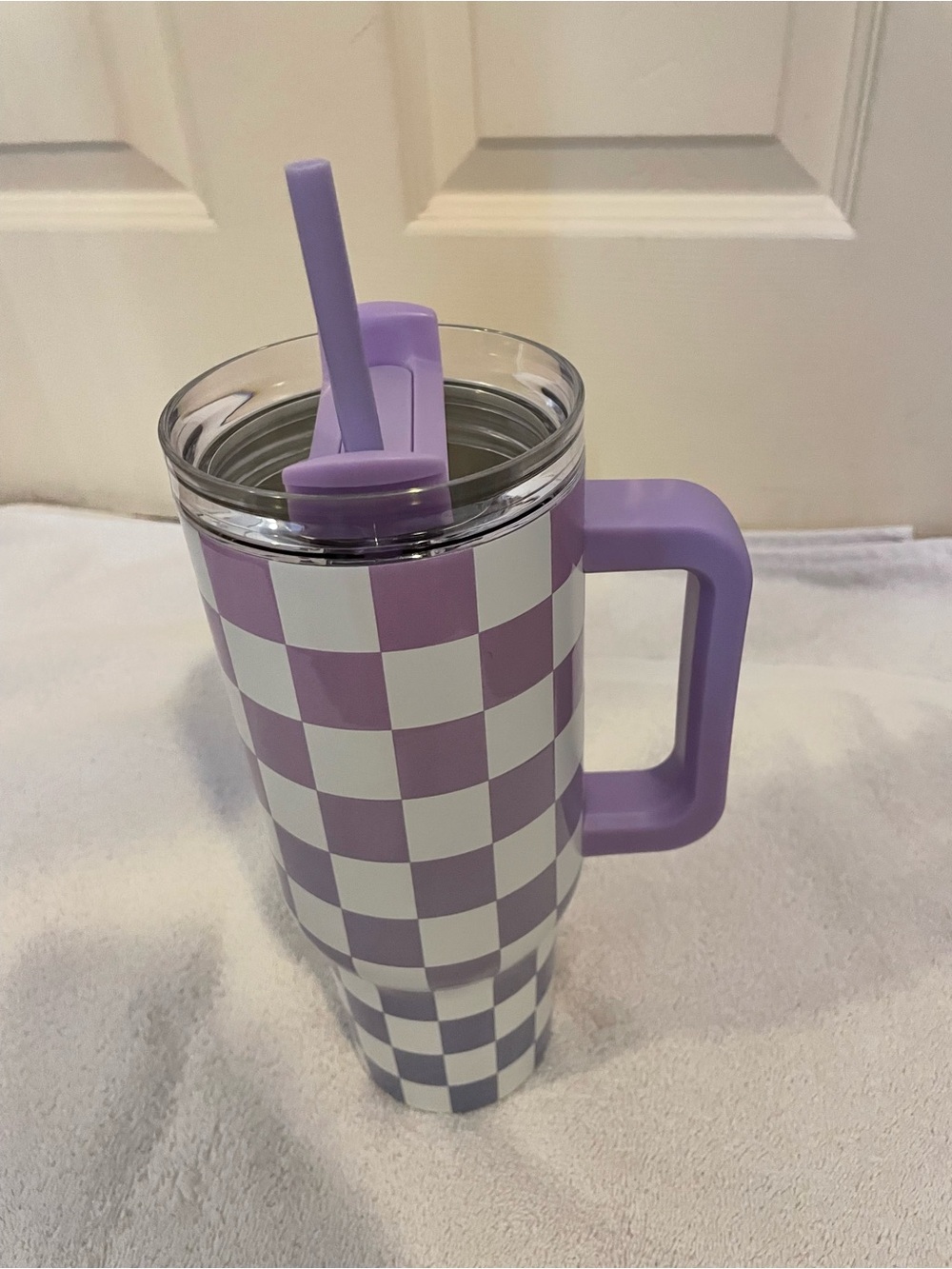 Purple Checkered Travel Mug with Handle and Straw